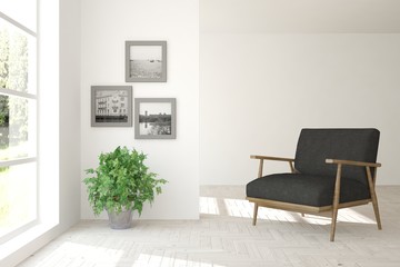 White room with armchair and green landscape in window. Scandinavian interior design. 3D illustration