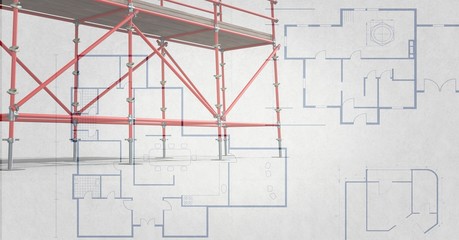3D red scaffolding with soft grey and blueprint background