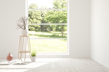 White empty room with green landscape in window. Scandinavian interior design. 3D illustration