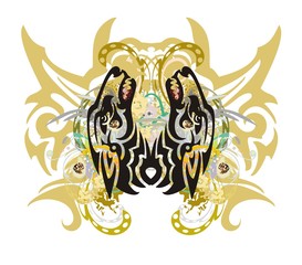 Grunge mystic butterfly. Tribal fantastic butterfly with gold wings formed by the heads of a wolf and the heads of an eagle with colorful floral splashes