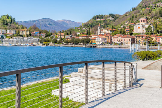 View of Laveno Mombello, is the tourism capital of the eastern shore of Lake Maggiore in province of Varese, Italy