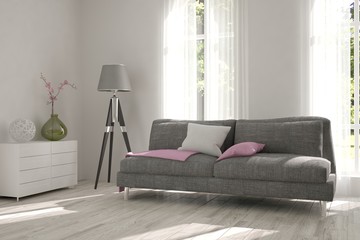 White room with sofa and green landscape in window. Scandinavian interior design. 3D illustration