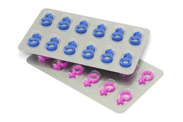 Female and male pills, 3D rendering