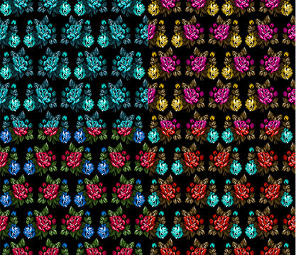 Set of four flowers seamless. Bouquets of roses  using traditional Ukrainian embroidery elements. Black background. Can be used as pixel-art.