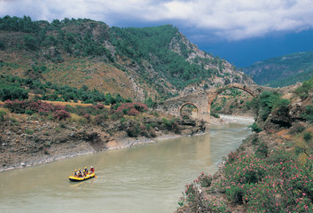 Rafting in Dalaman River and ancient Byzantine stone Bridge, Fethiye Turkey.