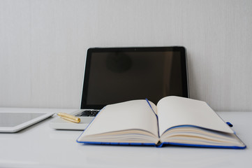 Top view of white studio workplace