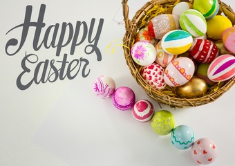 Grey easter graphics with eggs on table and in basket