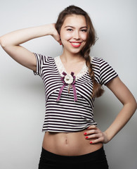 Fototapeta premium Surprised beautiful woman looking sideways in excitement.