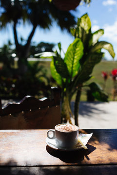 Coffee cup with saucer on wood table in sunlight