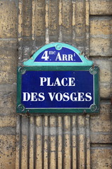 Place des Vosges street sign in Paris, France