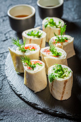 Fresh tortilla with vegetables, cheese and herbs for a brunch