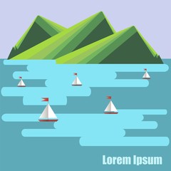 Flat design background with green mountain, blue sea, ships, Lorem ipsum stock vector illustration