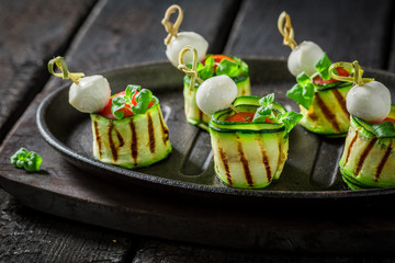 Tasty various finger food with vegetables and herbs for snack