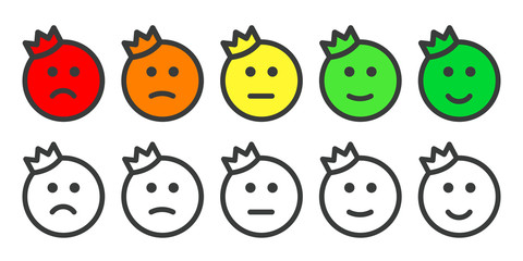 Naklejka premium Emoji icons, emoticons with crown for rate of satisfaction level. Five grade smileys for using in surveys. Isolated vector illustration on white background