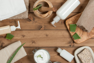 Body Care Kit. Cream, Toiletries, Soap, Shampoo, Towels. Top View.