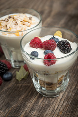 Healthy breakfast with fresh greek yogurt muesli berries