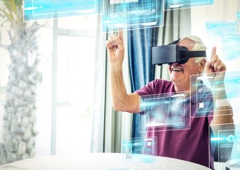 Fototapeta na wymiar Old man happy wearing VR Virtual Reality Headset with Interface