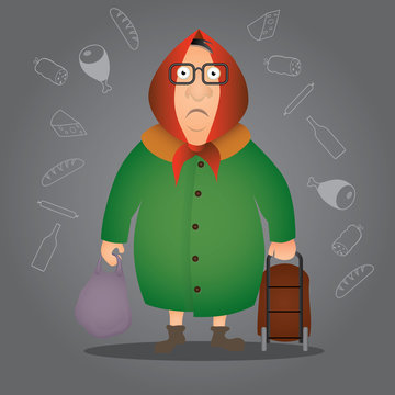 Angry old lady with shopping bags vector illustration