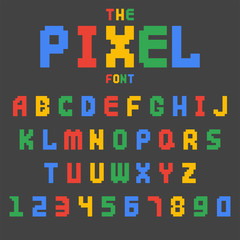 Pixel retro font video computer game design 8 bit letters numbers electronic futuristic style vector abc typeface digital creative alphabet isolated