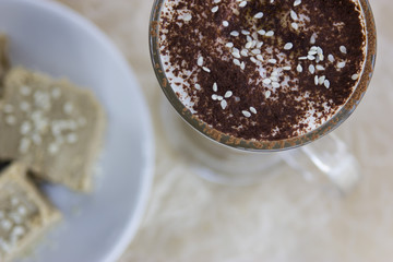 Latte halva. Unusual oriental hot coffee cocktail in a cafe