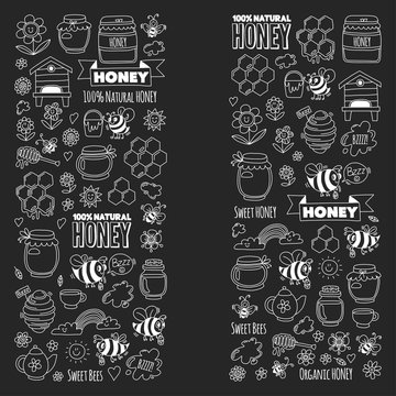 Honey Market, Bazaar, Honey Fair Doodle Images Of Bees, Flowers, Jars, Honeycomb, Beehive, Spot, The Keg With Lettering Sweet Honey, Natural Honey, Sweet Bees