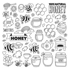Honey market, bazaar, honey fair Doodle images of bees, flowers, jars, honeycomb, beehive, spot, the keg with lettering sweet honey, natural honey, sweet bees