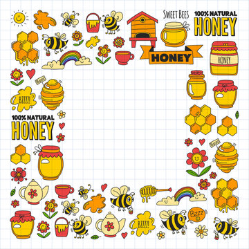 Honey market, bazaar, honey fair Doodle images of bees, flowers, jars, honeycomb, beehive, spot, the keg with lettering sweet honey, natural honey, sweet bees