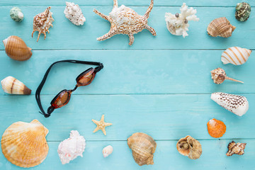 Seashells and goggles on a blue wooden planks