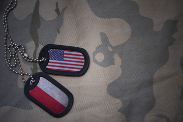 army blank, dog tag with flag of united states of america and poland on the khaki texture background. military concept © luzitanija