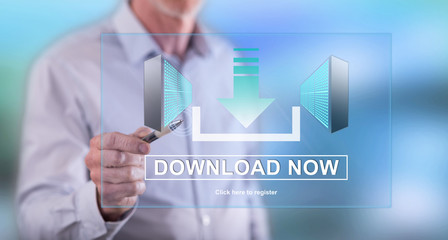 Man touching a download concept on a touch screen