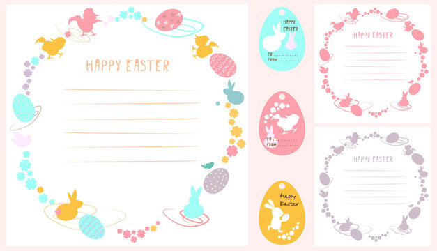 A set of easter ornaments. Vector picture with rabbits, flowers and colored Easter eggs. Predominant colors: pink, yellow, blue..