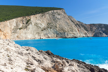Amazing panorama of blue waters of Porto Katsiki Beach, Lefkada, Ionian Islands, Greece