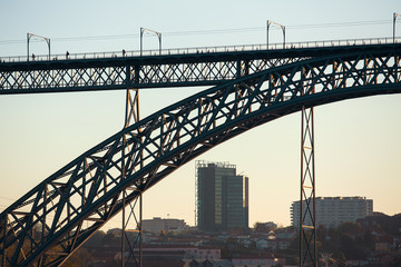 Silhouette of a bridge Dom Luis I at evening, Porto, Portugal.