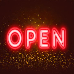 open neon sign for welcome to customers concept