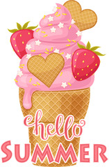 Strawberry ice cream in a waffle cup