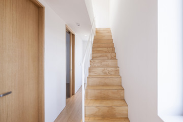 white passage with wood stair, door.