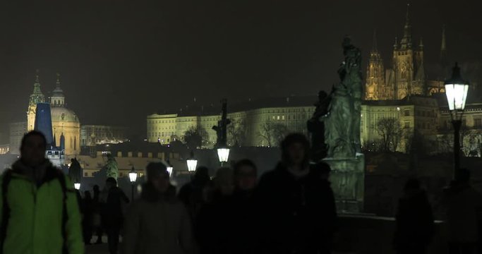 Timelapse Tourist Visiting Charles Bridge Old Town Prague at Czech Republic in winter time