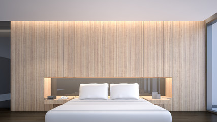 Bedroom interior with king size bed and wooden cabinet , 3d rendering