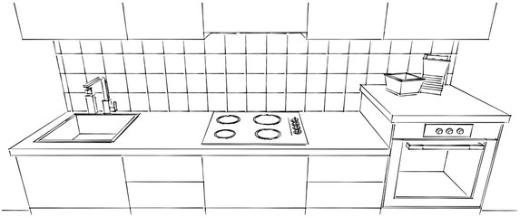 Sketch of kitchen counter with tile splash back isolated. Front top view.