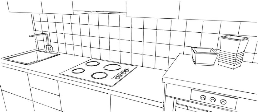 Contemporary kitchen counter close up. Outline black and white sketch drawing isolated. Perspective view.