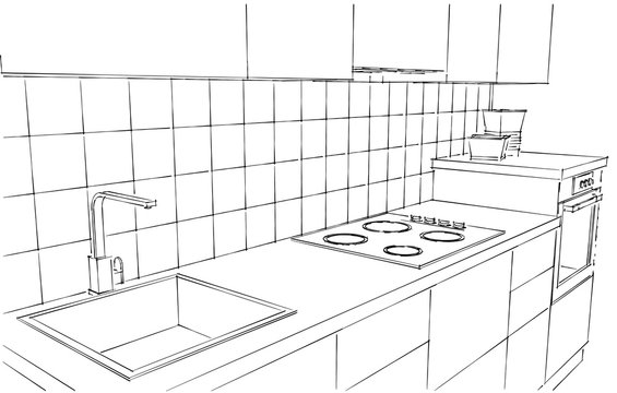 Hand drawn illustration of contemporary kitchen counter isolated black and white