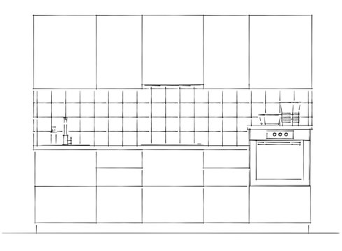 Front view  of small kitchen facade. Outline black and white drawing isolated.