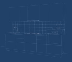 Blueprint of kitchen perspective.