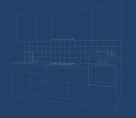 Fototapeta premium Blueprint of kitchen perspective.