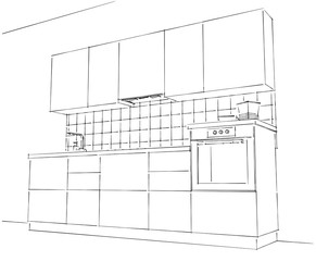 Modern kitchen contour sketch black and white. 3d illustration. View from the bottom