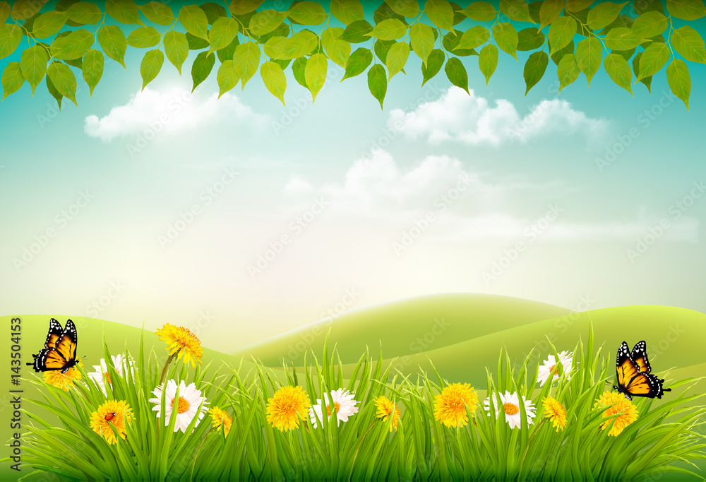 Poster spring nature landscape background with flowers and butterflies. vector.