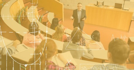 Professor teaching students with diagrams in foreground