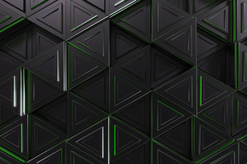 Pattern of black triangle prisms with green glowing lines