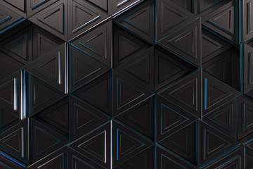 Pattern of black triangle prisms with blue glowing lines