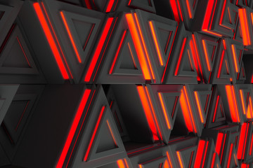 Pattern of grey triangle prisms with red glowing lines